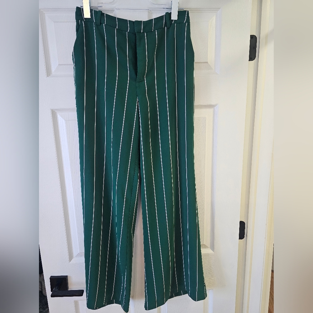 H&M Green Vertical Stripe Wide-Leg Trousers